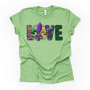 Mardi Gras Gnome Tee, Animal Print LOVE with Fleur De Lis Design on premium unisex shirt, 3 color choices, 3x Mardi Gras, 4x Mardi Gras