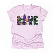 Mardi Gras Gnome Tee, Animal Print LOVE with Fleur De Lis Design on premium unisex shirt, 3 color choices, 3x Mardi Gras, 4x Mardi Gras
