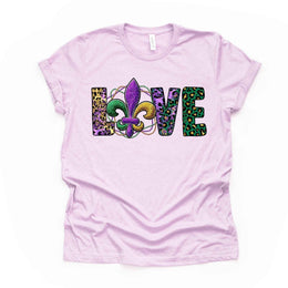 Mardi Gras Gnome Tee, Animal Print LOVE with Fleur De Lis Design on premium unisex shirt, 3 color choices, 3x Mardi Gras, 4x Mardi Gras