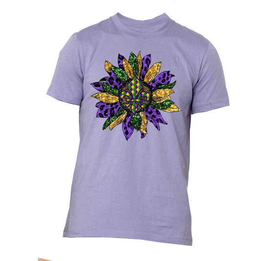 Mardi Gras Gnome Tee, Pretty Mardi Gras Sunflower Design on premium unisex shirt, 3 color choices, 3x Mardi Gras, 4x Mardi Gras