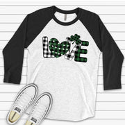 St. Patrick's Day Raglan, Green Plaid and Black Plaid LOVE St Patrick's Day Design on premium Raglan 3/4 sleeve shirt, plus size, 2X, 3X