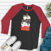 Christmas Raglan, Cute Cats in a Box, Christmas Cats in Box Design on premium Raglan 3/4 sleeve shirt, plus size, 2X, 3X