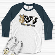 Cow Raglan, Super Cute PEACE LOVE COWS, Black and White Cow Design on premium Raglan 3/4 sleeve shirt, plus size, 2X, 3X