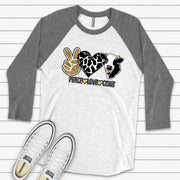 Cow Raglan, Super Cute PEACE LOVE COWS, Black and White Cow Design on premium Raglan 3/4 sleeve shirt, plus size, 2X, 3X