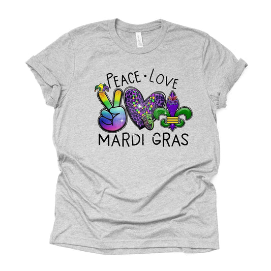 Mardi Gras Tee, Peace Love Mardi Gras, Fleur De Lis Design, premium unisex shirt, 3 color choice, 3x mardi gras, 4x mardi gras, plus size