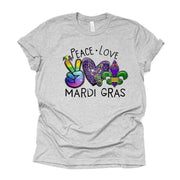 Mardi Gras Tee, Peace Love Mardi Gras, Fleur De Lis Design, premium unisex shirt, 3 color choice, 3x mardi gras, 4x mardi gras, plus size