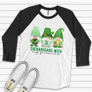 St. Patrick's Day Raglan, Shenanigans with My Gnomies, St Patrick Gnomes Design on premium Raglan 3/4 sleeve shirt, plus size, 2X, 3X