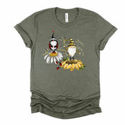 Gnome Couple, Cute Bee and Lady Bug Gnome Standing on Sunflowers Design on premium unisex shirt, 3 color choices, 3x gnome, 4x gnome tee