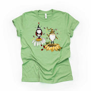 Gnome Couple, Cute Bee and Lady Bug Gnome Standing on Sunflowers Design on premium unisex shirt, 3 color choices, 3x gnome, 4x gnome tee