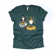 Gnome Couple, Cute Bee and Lady Bug Gnome Standing on Sunflowers Design on premium unisex shirt, 3 color choices, 3x gnome, 4x gnome tee