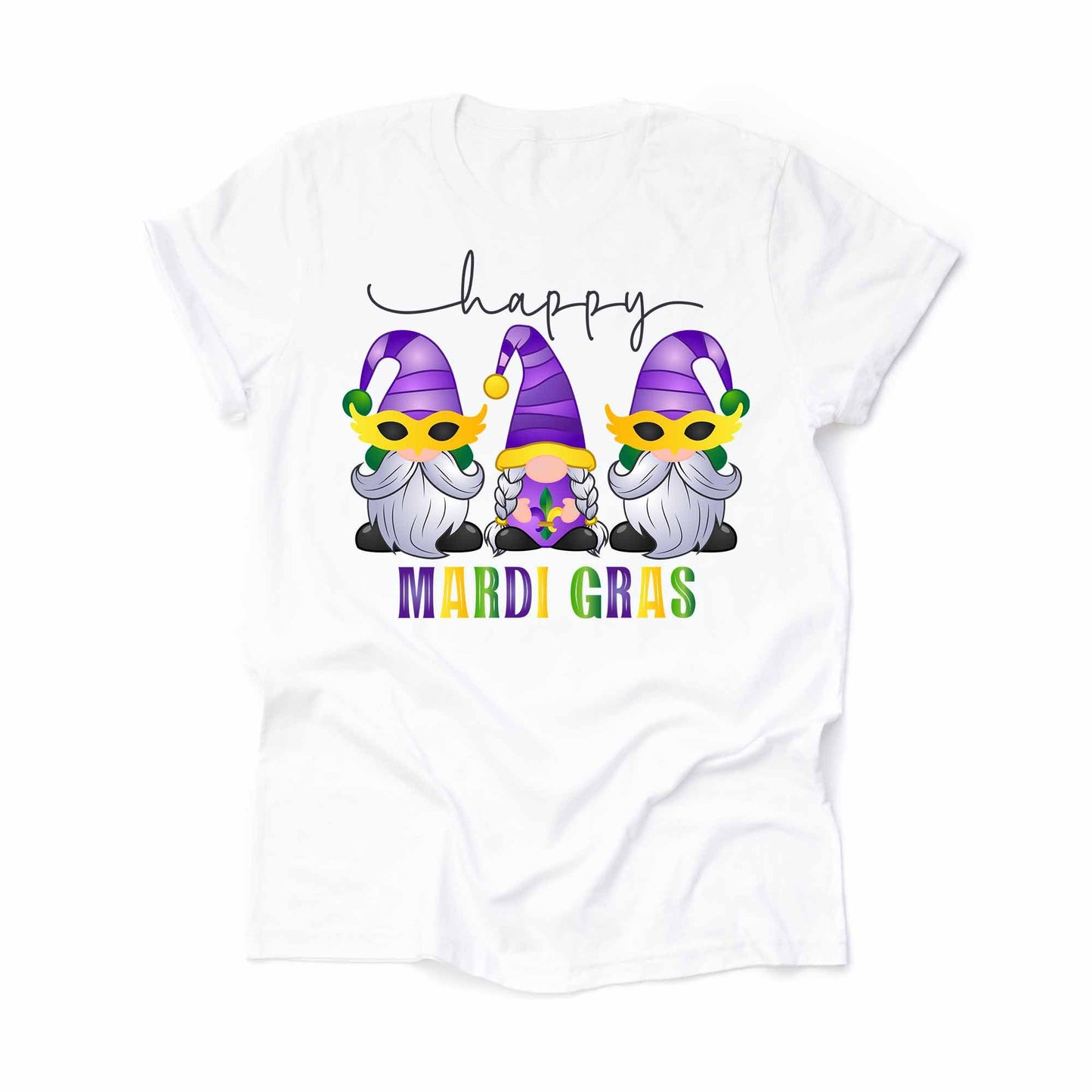 Mardi Gras Gnome Tee, Fun Happy Mardi Gras Gnomes Design on premium unisex shirt, 3 color choices, 3x Mardi Gras, 4x Mardi Gras
