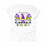 Mardi Gras Gnome Tee, Fun Happy Mardi Gras Gnomes Design on premium unisex shirt, 3 color choices, 3x Mardi Gras, 4x Mardi Gras