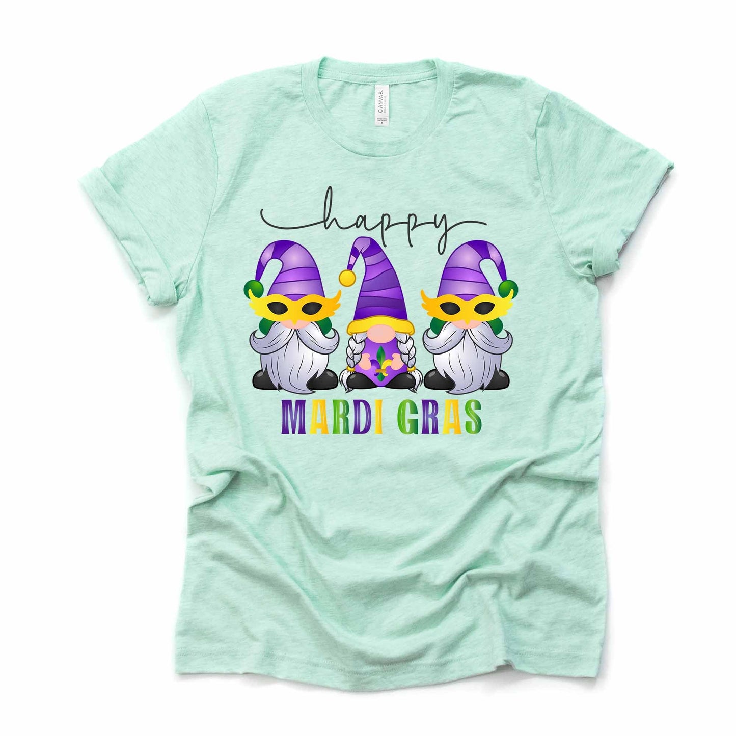 Mardi Gras Gnome Tee, Fun Happy Mardi Gras Gnomes Design on premium unisex shirt, 3 color choices, 3x Mardi Gras, 4x Mardi Gras