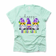 Mardi Gras Gnome Tee, Fun Happy Mardi Gras Gnomes Design on premium unisex shirt, 3 color choices, 3x Mardi Gras, 4x Mardi Gras