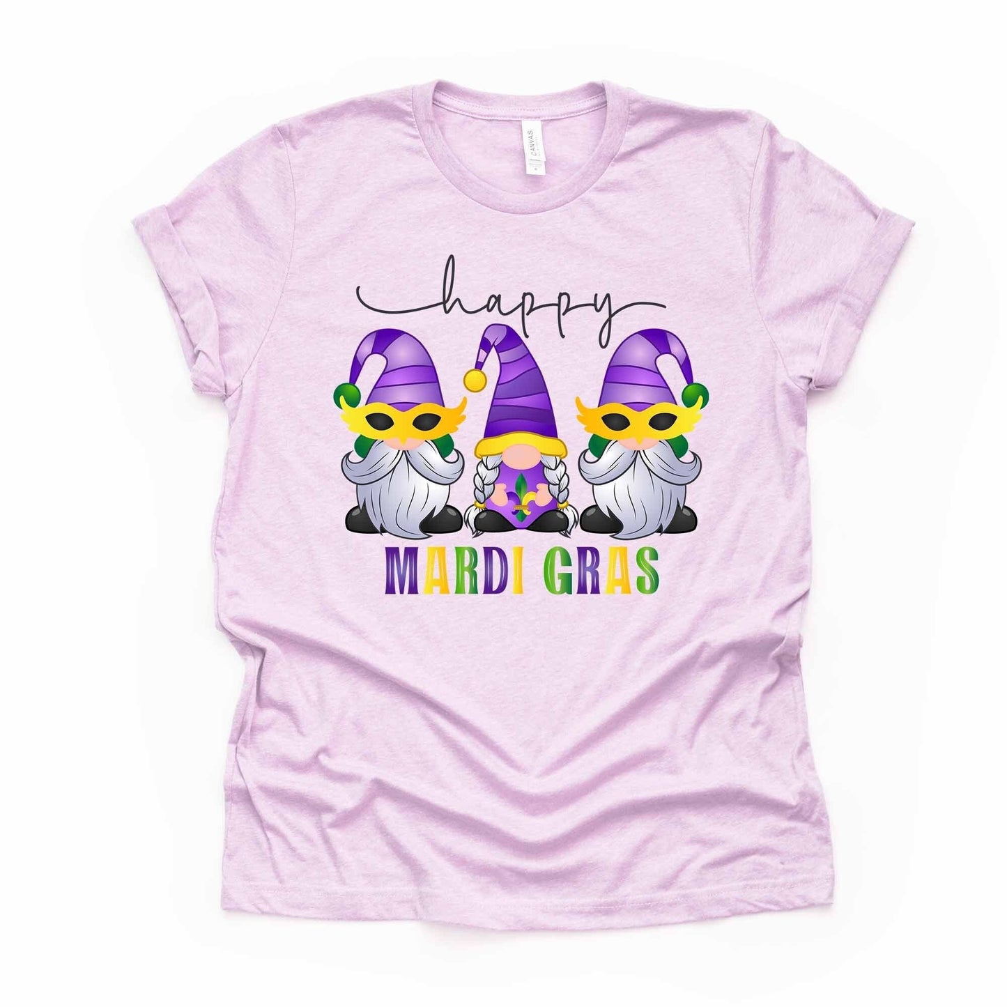 Mardi Gras Gnome Tee, Fun Happy Mardi Gras Gnomes Design on premium unisex shirt, 3 color choices, 3x Mardi Gras, 4x Mardi Gras