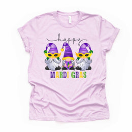 Mardi Gras Gnome Tee, Fun Happy Mardi Gras Gnomes Design on premium unisex shirt, 3 color choices, 3x Mardi Gras, 4x Mardi Gras