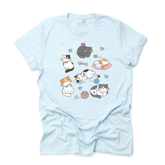 Cat Shirt, Cute Cats Playing and Napping, Cats and Yarn design on premium unisex shirt, 3 color choices, 3x cats, 4x cats, plus size cats
