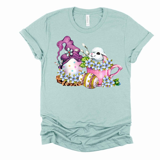 Easter Tee, Super Cute Easter Bunny and Eggs, Egg Gnome Design, premium unisex shirt, 3 color choices, 3x flowers, 4x flowers, plus sizes