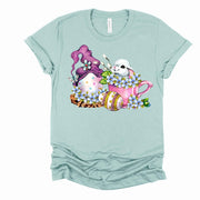 Easter Tee, Super Cute Easter Bunny and Eggs, Egg Gnome Design, premium unisex shirt, 3 color choices, 3x flowers, 4x flowers, plus sizes