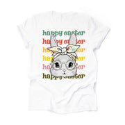 Pastel Repeating Happy Easter and Bunny, Easter Bunny with Bow & Glasses Design, premium unisex shirt, 3 color choices, 3x Easter, 4x Easter