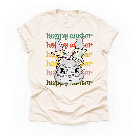 Pastel Repeating Happy Easter and Bunny, Easter Bunny with Bow & Glasses Design, premium unisex shirt, 3 color choices, 3x Easter, 4x Easter