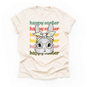 Pastel Repeating Happy Easter and Bunny, Easter Bunny with Bow & Glasses Design, premium unisex shirt, 3 color choices, 3x Easter, 4x Easter