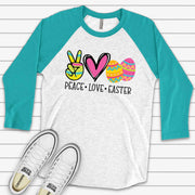 Easter Raglan, PEACE LOVE EASTER, Cute Easter Eggs Design on premium Raglan 3/4 sleeve shirt, plus size, 2x easter raglan, 3x easter raglan