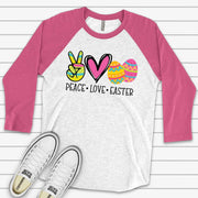 Easter Raglan, PEACE LOVE EASTER, Cute Easter Eggs Design on premium Raglan 3/4 sleeve shirt, plus size, 2x easter raglan, 3x easter raglan