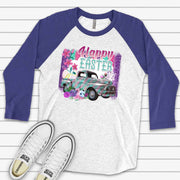 Easter Raglan, Happy Easter, Retro Truck Easter Design on premium Raglan 3/4 sleeve shirt, plus size, 2x easter raglan, 3x easter raglan