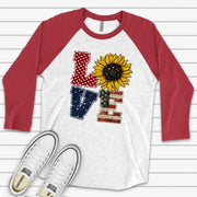 Patriotic Raglan, LOVE with Sunflower and USA Flag, Love American Design on premium Raglan 3/4 sleeve shirt, plus size, 2X, 3X
