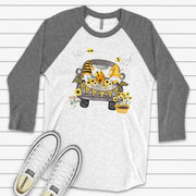 Gnomes and Bees Raglan, Cute Gnomes in Truck with Bees, Honey and Flowers Design on premium Raglan 3/4 sleeve shirt, plus size, 2X, 3X