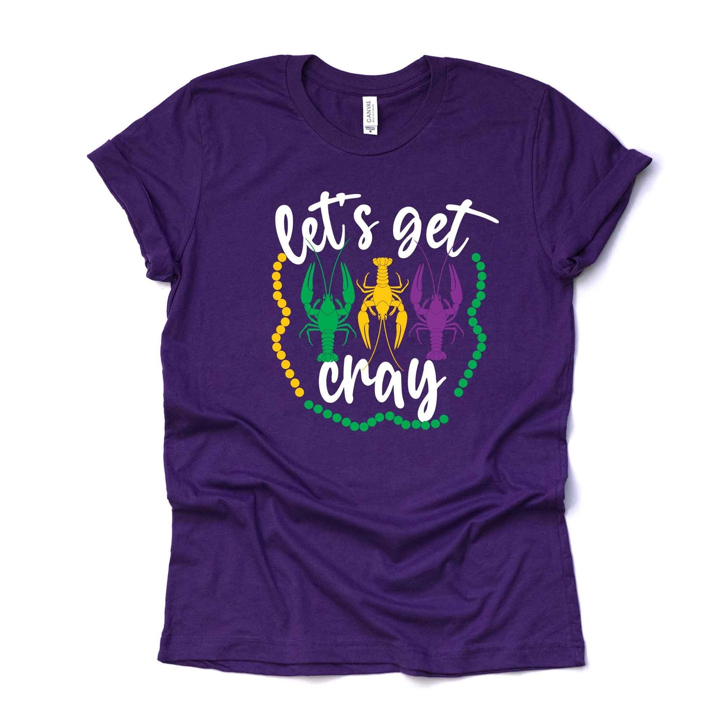Mardi Gras Gnome Tee, Mardi Gras Let's Get Cray Crawfish Design on premium unisex shirt, 3 color choices, 3x Mardi Gras, 4x Mardi Gras