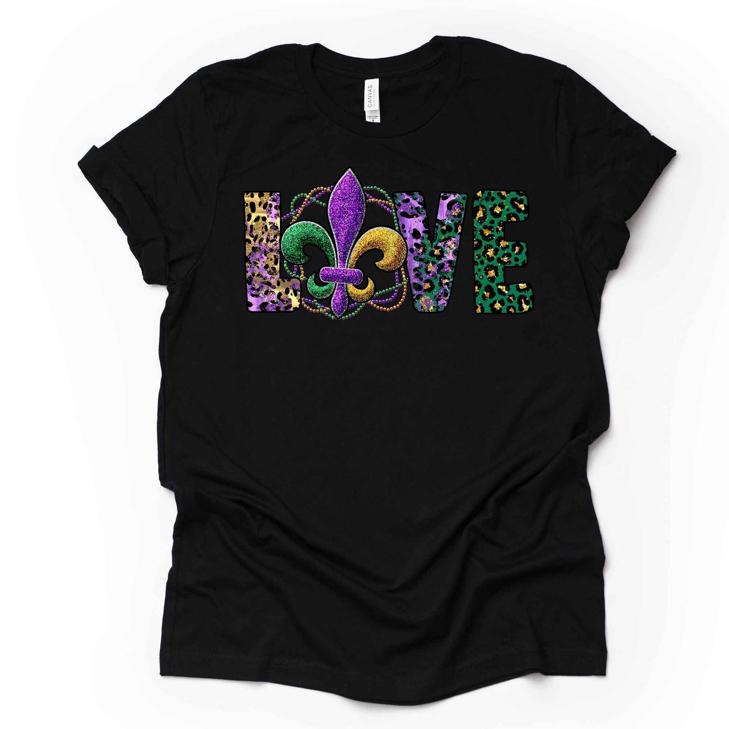Mardi Gras Gnome Tee, Animal Print LOVE with Fleur De Lis Design on premium unisex shirt, 3 color choices, 3x Mardi Gras, 4x Mardi Gras