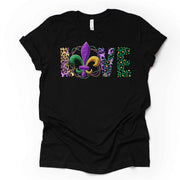 Mardi Gras Gnome Tee, Animal Print LOVE with Fleur De Lis Design on premium unisex shirt, 3 color choices, 3x Mardi Gras, 4x Mardi Gras