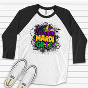 Mardi Gras Raglan, Super Cute Happy Mardi Gras with Fleur De Lis Design on premium Raglan 3/4 sleeve shirt, plus size, 2X, 3X