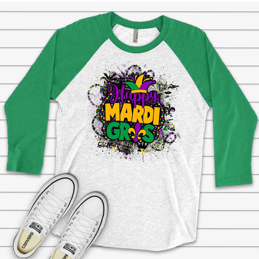 Mardi Gras Raglan, Super Cute Happy Mardi Gras with Fleur De Lis Design on premium Raglan 3/4 sleeve shirt, plus size, 2X, 3X