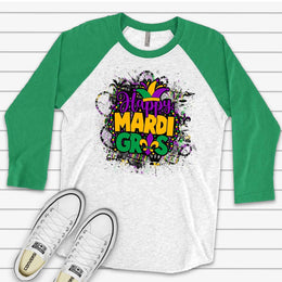 Mardi Gras Raglan, Super Cute Happy Mardi Gras with Fleur De Lis Design on premium Raglan 3/4 sleeve shirt, plus size, 2X, 3X