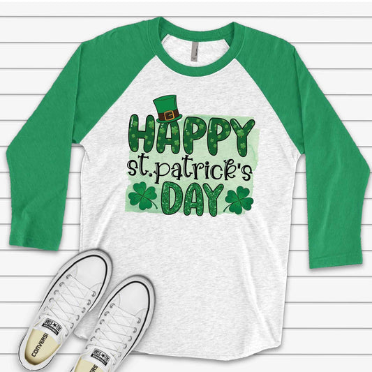 St. Patrick's Day Raglan, Happy St Patrick's Day with Leprechaun Hat Design on premium Raglan 3/4 sleeve shirt, plus size, 2X, 3X