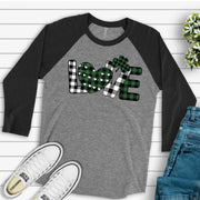 St. Patrick's Day Raglan, Green Plaid and Black Plaid LOVE St Patrick's Day Design on premium Raglan 3/4 sleeve shirt, plus size, 2X, 3X