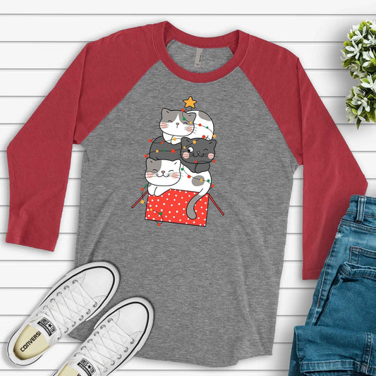 Christmas Raglan, Cute Cats in a Box, Christmas Cats in Box Design on premium Raglan 3/4 sleeve shirt, plus size, 2X, 3X