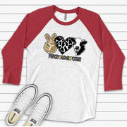 Cow Raglan, Super Cute PEACE LOVE COWS, Black and White Cow Design on premium Raglan 3/4 sleeve shirt, plus size, 2X, 3X