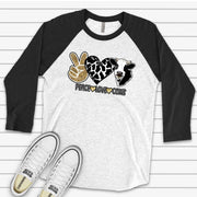 Cow Raglan, Super Cute PEACE LOVE COWS, Black and White Cow Design on premium Raglan 3/4 sleeve shirt, plus size, 2X, 3X