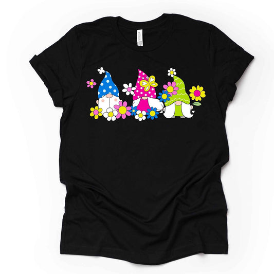 Spring Gnomes with Neon Colors, Bright Color Flowers & Gnomes Design, premium unisex tee, 3 color choices, 3x gnomes, 4x gnomes, plus sizes
