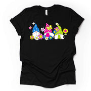 Spring Gnomes with Neon Colors, Bright Color Flowers & Gnomes Design, premium unisex tee, 3 color choices, 3x gnomes, 4x gnomes, plus sizes