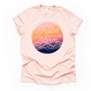 Christian Tee, I Will Praise You In The Storm Sunset design on premium unisex shirt, 3 color choices, 3x Christian, 4x Christian, Plus Sizes
