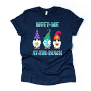 Summer Beach Tee, Meet Me At The Beach with Cute Gnomes Design on premium unisex shirt, 3 color choices, 2X, 3X, 4X, plus sizes available