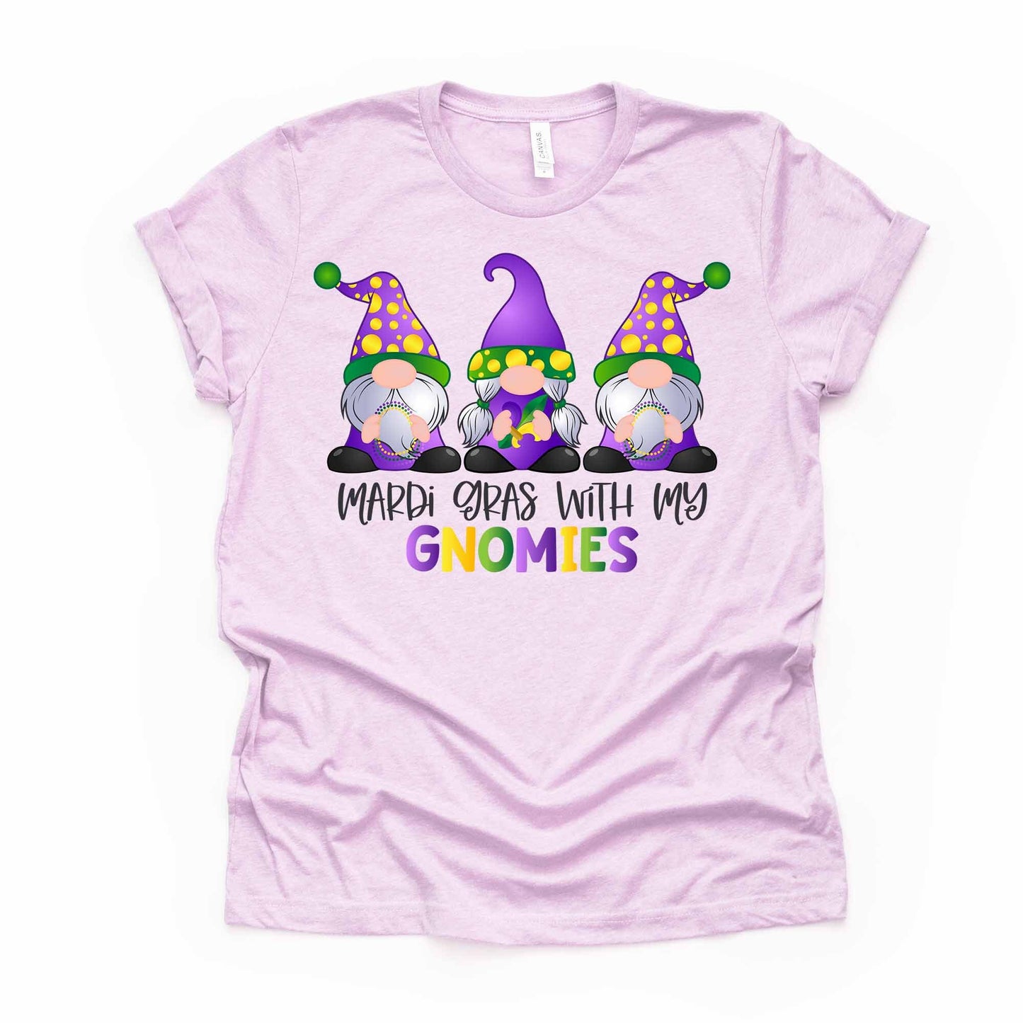 Mardi Gras Gnome Tee,  Mardi Gras With My Gnomies Design on premium unisex shirt, 3 color choices, 3x Mardi Gras, 4x Mardi Gras
