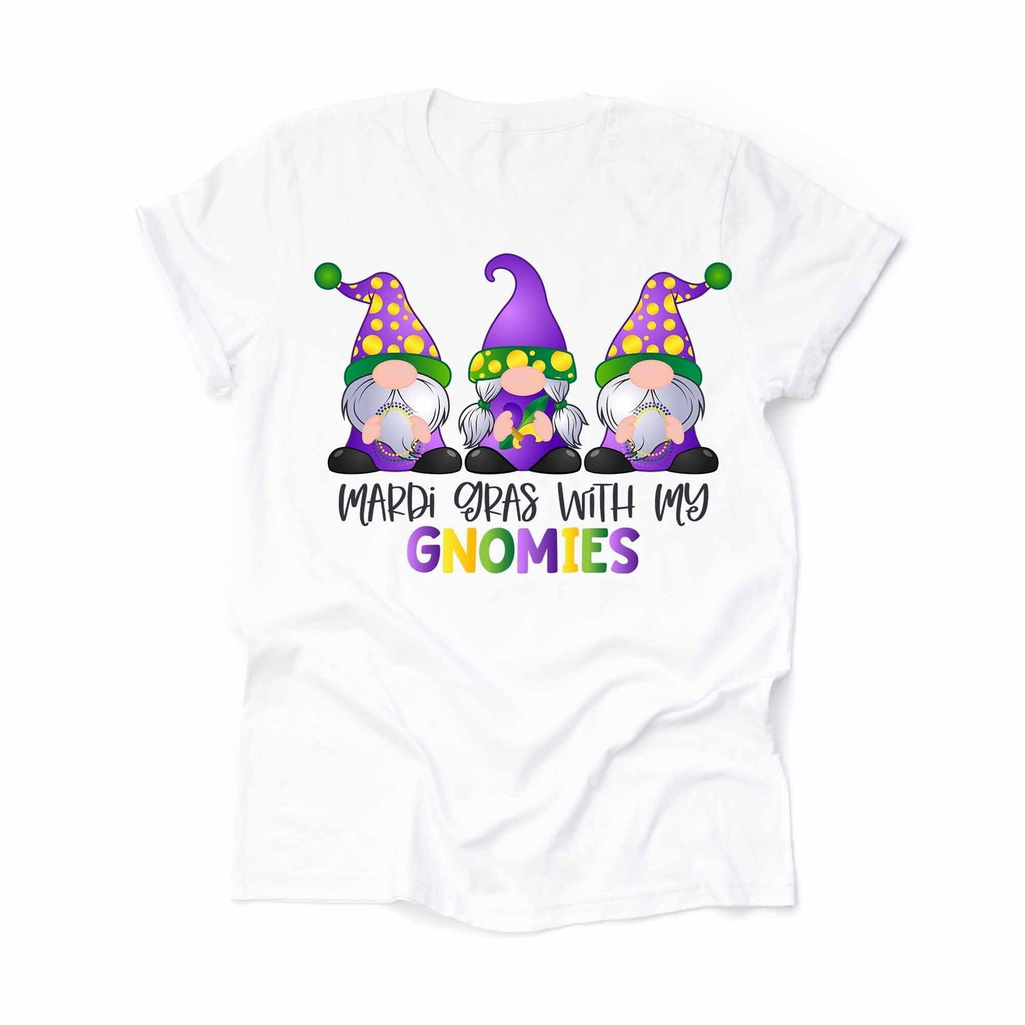 Mardi Gras Gnome Tee,  Mardi Gras With My Gnomies Design on premium unisex shirt, 3 color choices, 3x Mardi Gras, 4x Mardi Gras