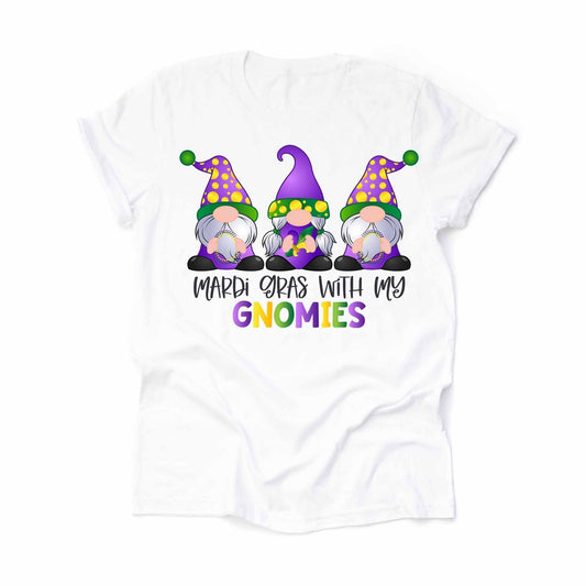 Mardi Gras Gnome Tee,  Mardi Gras With My Gnomies Design on premium unisex shirt, 3 color choices, 3x Mardi Gras, 4x Mardi Gras