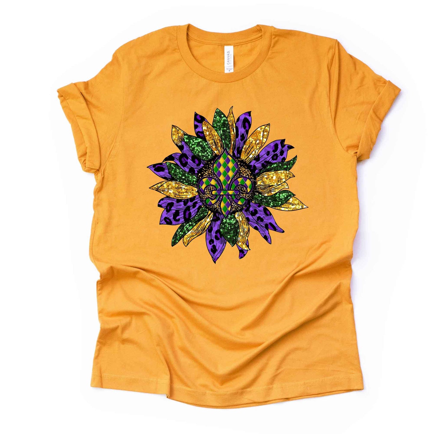 Mardi Gras Gnome Tee, Pretty Mardi Gras Sunflower Design on premium unisex shirt, 3 color choices, 3x Mardi Gras, 4x Mardi Gras